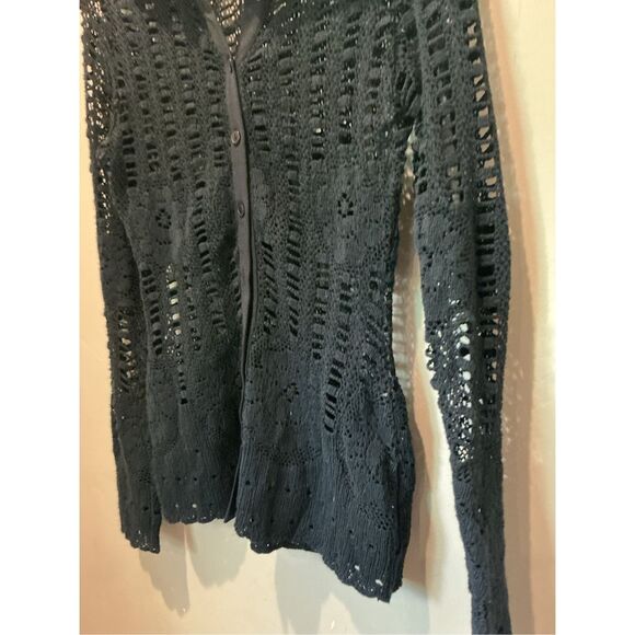 ANNE FONTAINE Black Lace Blouse Long Sleeve Collared Top Designer - Picture 7 of 8